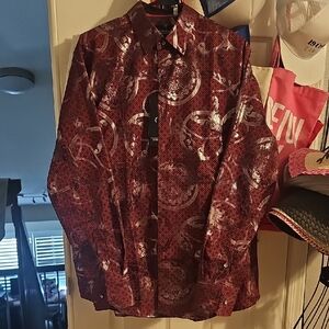 Red Casual Button Down Shirt with Satin Sheen